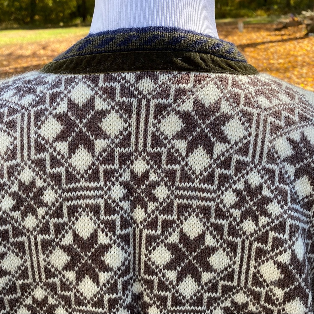 OLEANA NORWAY SWEATER CARDIGAN BROWN CREAM BLUE FAIR ISLE WOOL SQUARE NECK S - Picture 9 of 11